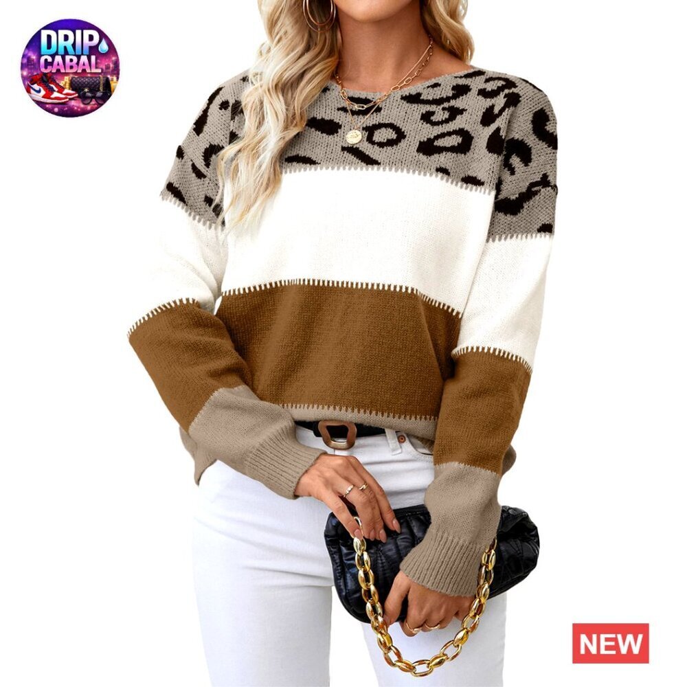 Oversized Pullover Sweater Trendy Color Block Leopard Print Boat Neck Top